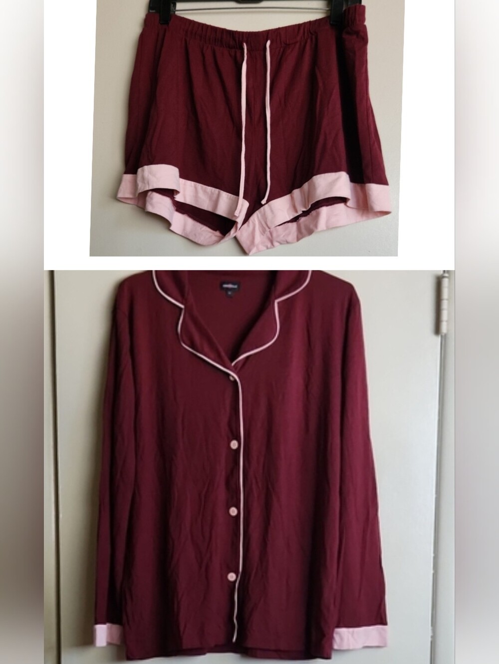 NWOT Cosabella Pajama Set Long Sleeve And Shorts Burgundy Pink Trim XL